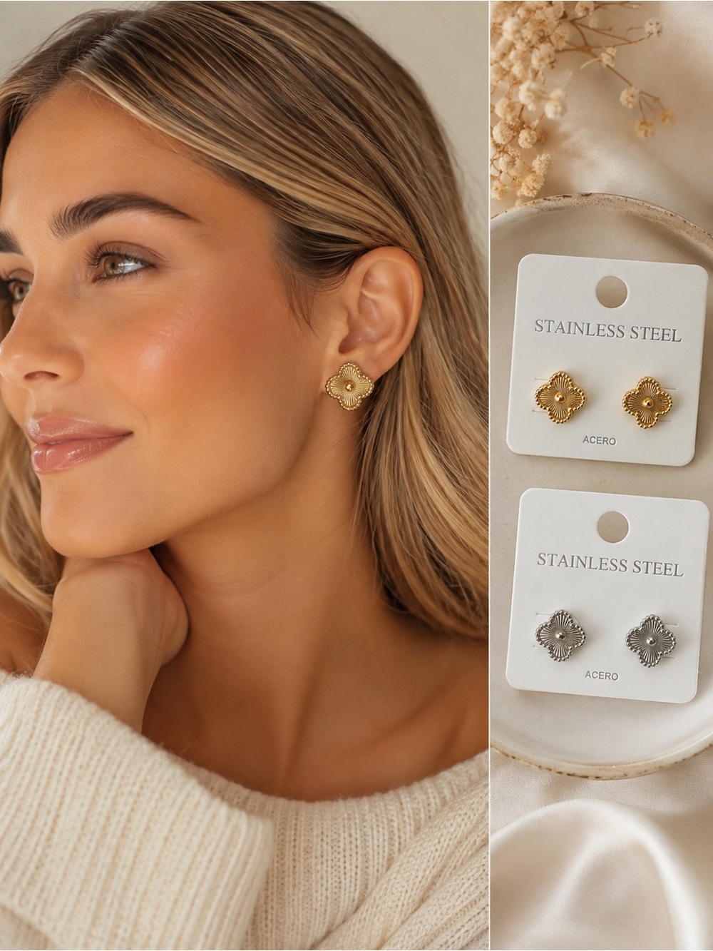 Gold ✨or silver tone Floral clover Stainless Steel Stud Earrings